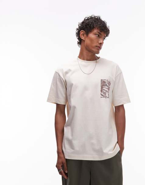 Topman oversized fit T-shirt with floral line drawing embroidery in ecru - view 1