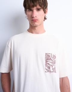 Oversized fit t-shirt with floral line drawing embroidery in ecru