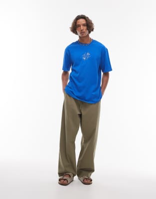Topman Oversized Fit T-shirt With Flower Embroidery In Blue