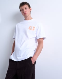 Model wearing Oversized fit t-shirt with front and back bird doodle print and embroidery in white
