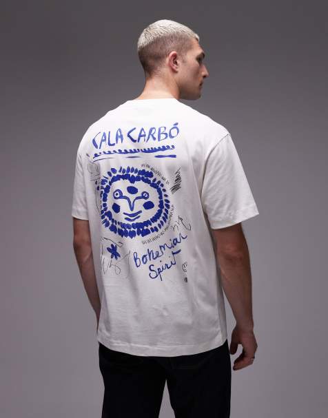 Topman oversized fit t-shirt with front and back Cala Carbo print in ecru - view 1