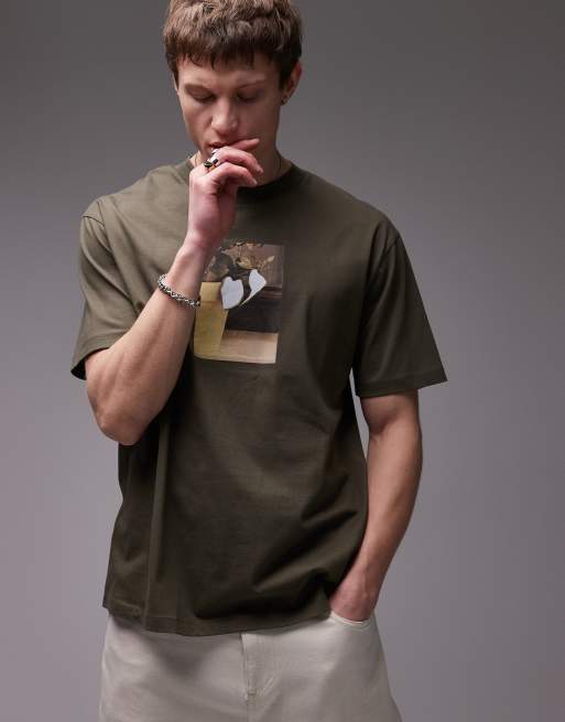 Topman oversized fit t-shirt with front and back collage plant print in khaki