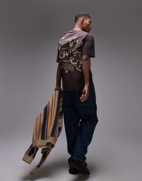 Topman oversized fit t-shirt with front and back farmers market print in dark brown - view 1