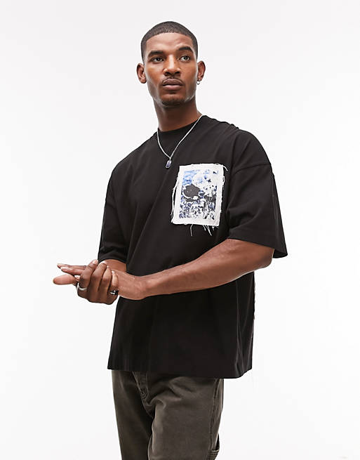 Topman oversized fit t-shirt with front and back floral canvas patch in  black | ASOS