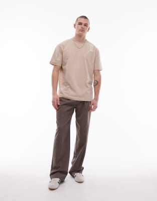 Topman Oversized Fit T-shirt With Front And Back Floral Embroidery In Neutral