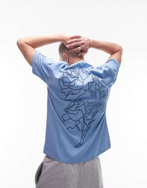 Topman oversized fit t-shirt with front and back floral hand embroidery in blue