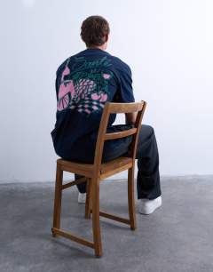 Oversized fit t-shirt with front and back fruit and wine print in navy