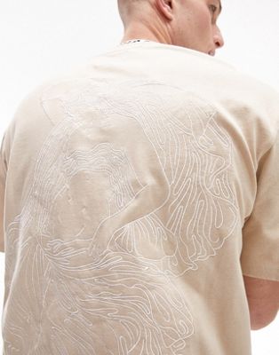 Topman oversized fit t-shirt with front and back Greek embroidery in stone