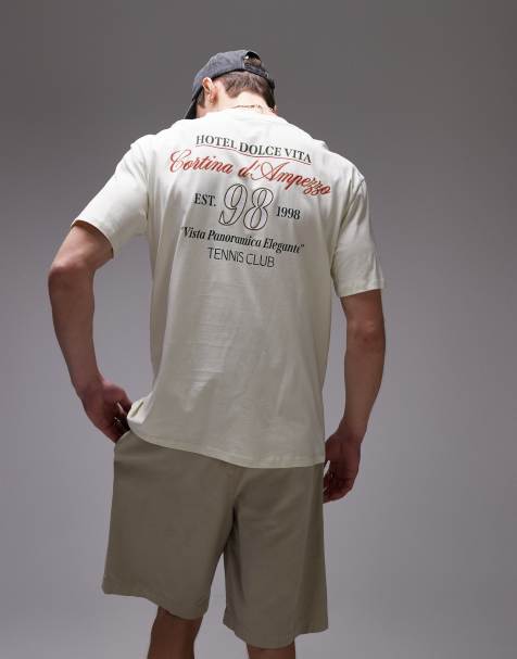 Topman oversized fit t-shirt with front and back hotel dolce vita print in ecru - view 1