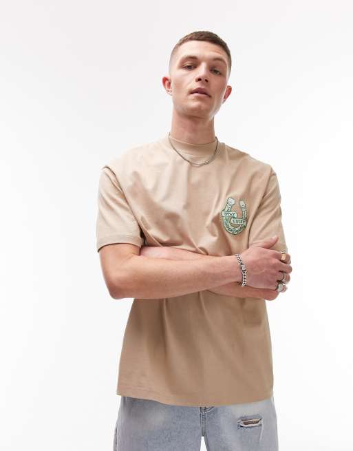 Topman oversized fit t-shirt with front and back lucky horseshoe print in stone