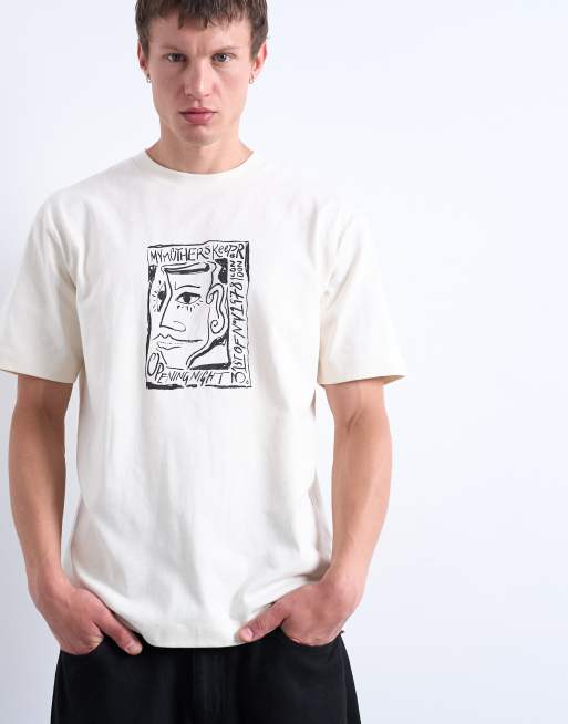 Topman oversized fit t-shirt with front and back Mothers Keeper print in ecru
