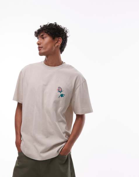 Topman oversized fit t-shirt with front and back pack of lies embroidery in washed stone - view 1