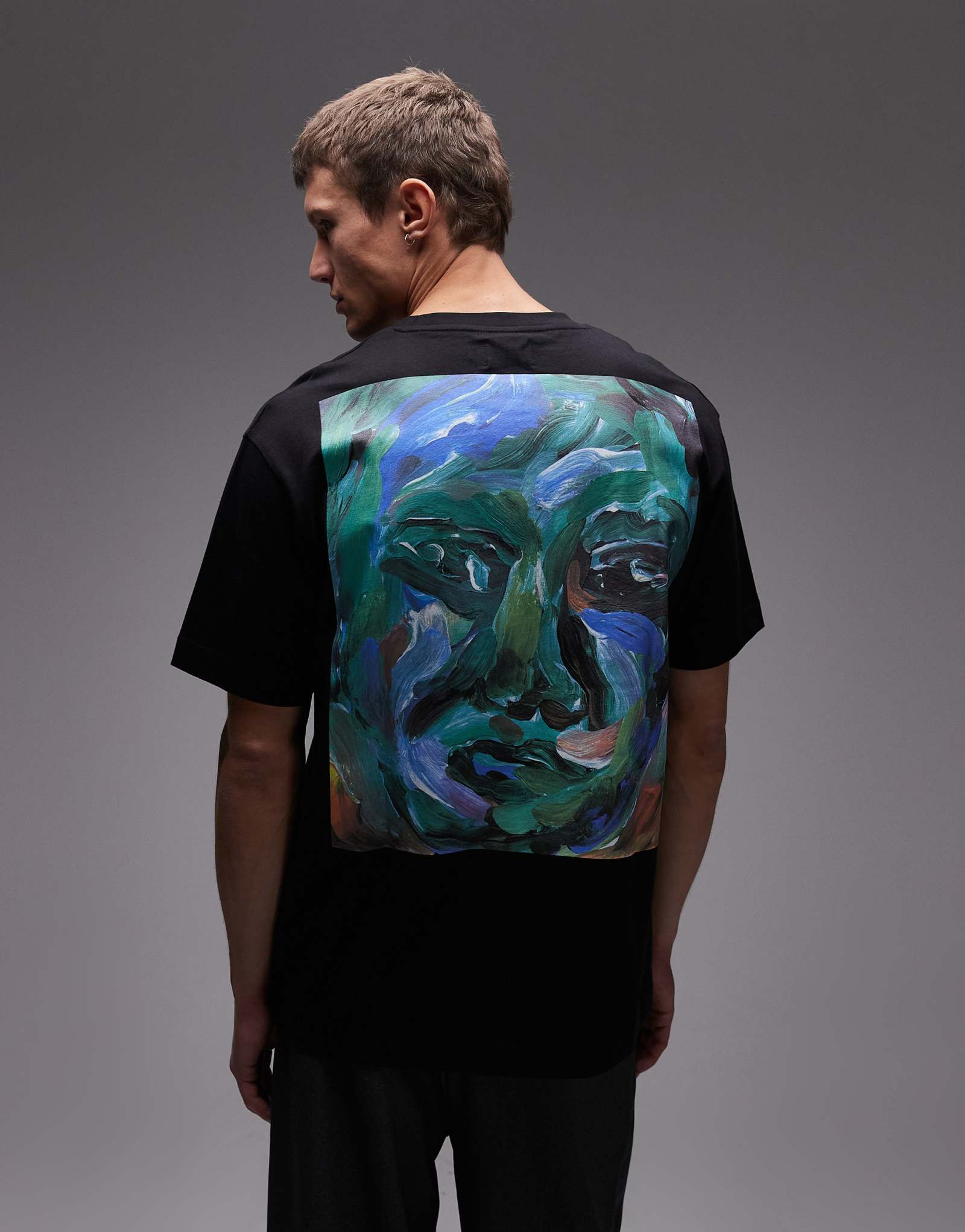 Футболка Topman oversize fit с рисунком лица спереди и сзади черного цвета