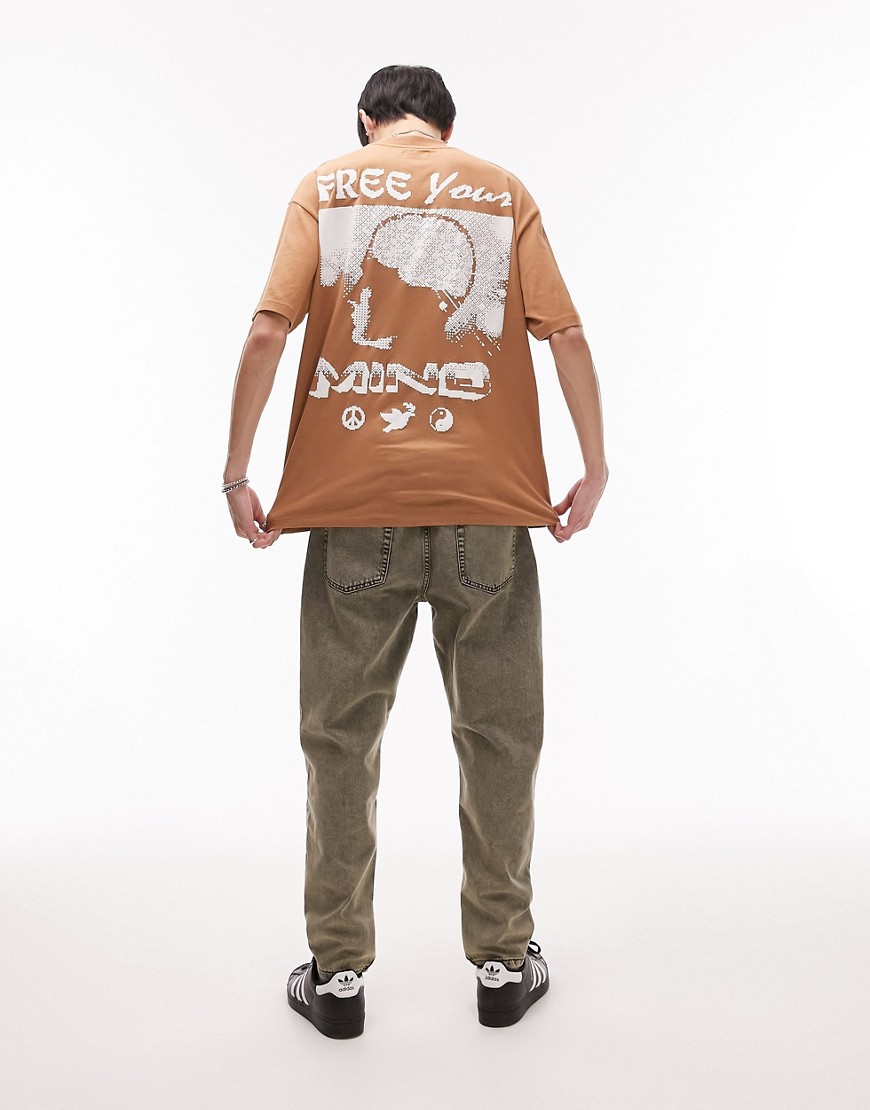 Topman oversized fit t-shirt with front and back raised free your mind print in brown
