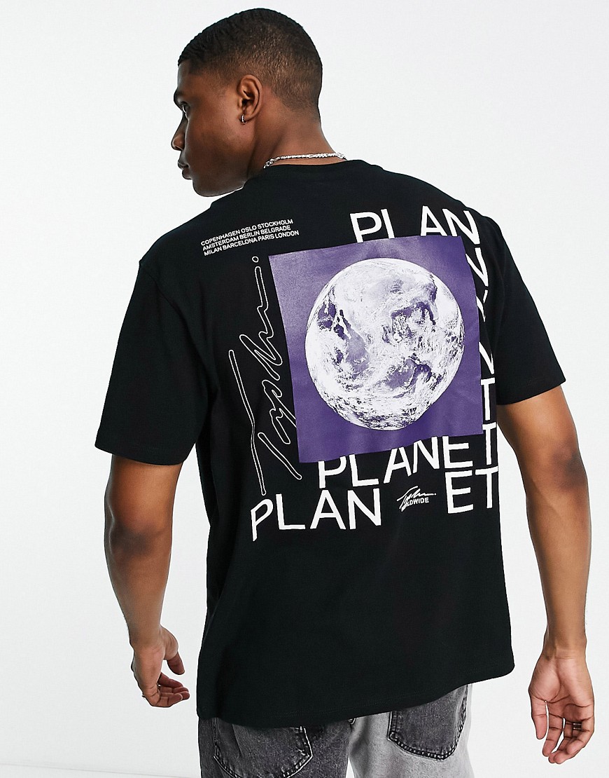 Topman oversized fit t-shirt with front and back Signature planet print in black