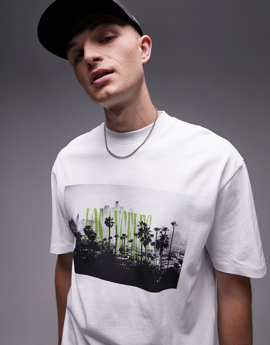 Topman oversized fit t-shirt with front and back vertical Los Angeles print in white