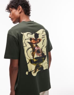 oversized fit T-shirt with front and back watercolor shapes print in dark green