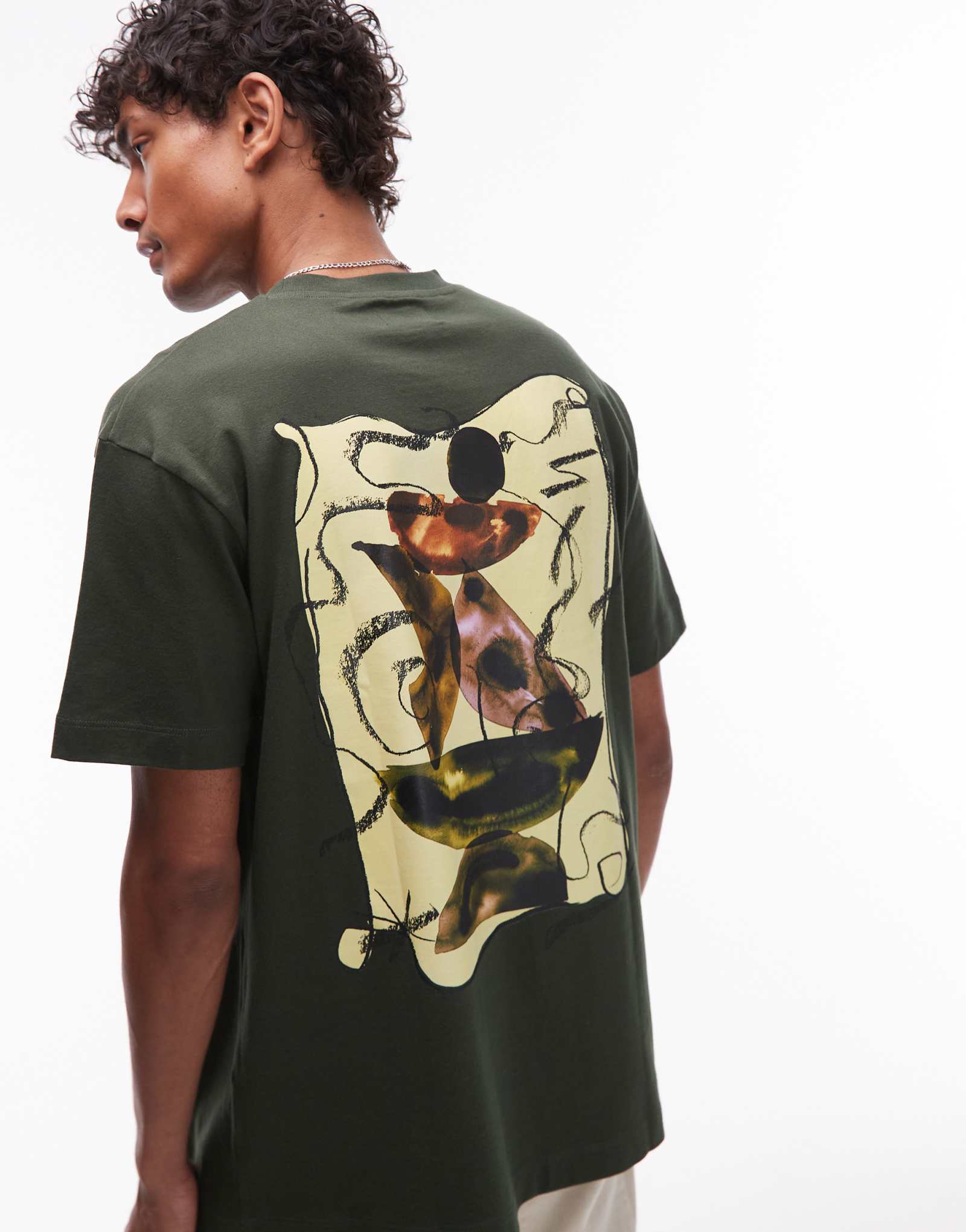 Футболка Topman oversize fit с темно-зеленым принтом в виде акварельных фигур спереди и сзади