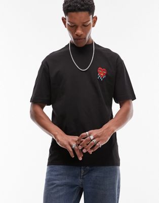 Topman oversized fit t-shirt with heart tattoo embroidery in black | ASOS