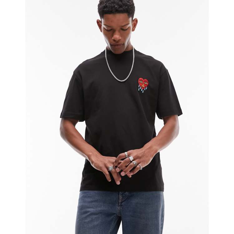 Topman oversized fit T-shirt with heart tattoo embroidery in black