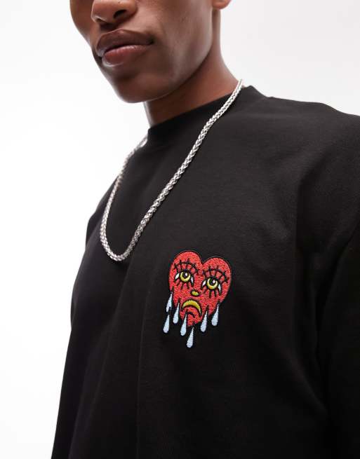 Topman oversized fit T-shirt with heart tattoo embroidery in black