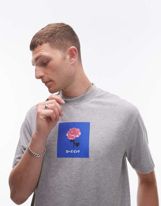 Topman oversized fit t-shirt with Japanese floral print in gray heather