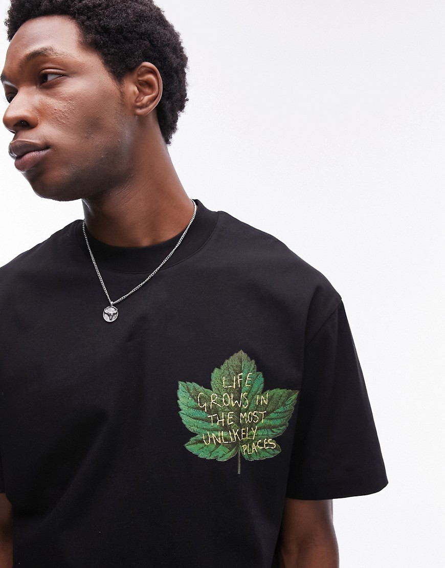 Topman oversized fit t-shirt with leaf slogan embroidery in black