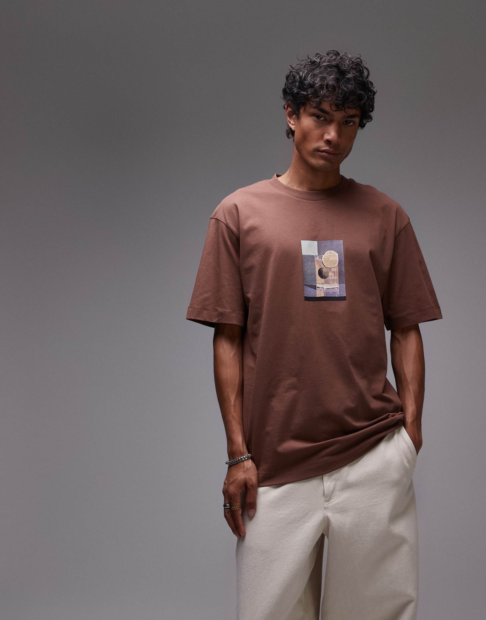 Футболка Topman oversize fit с принтом лаймовый коктейль коричневого цвета