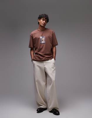 Topman Oversized Fit T-shirt With Lime Cocktail Print In Brown
