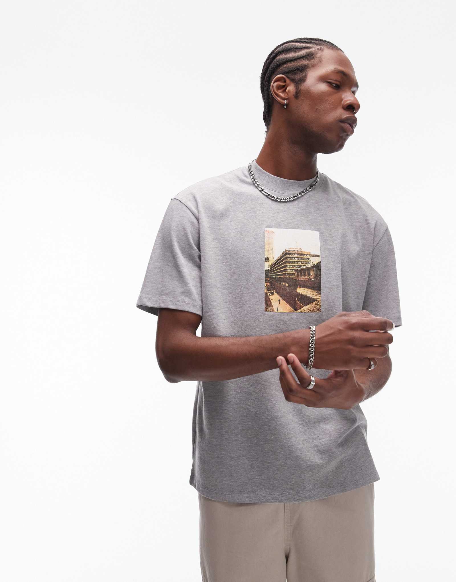 Футболка из серого вереска Topman oversize fit с принтом