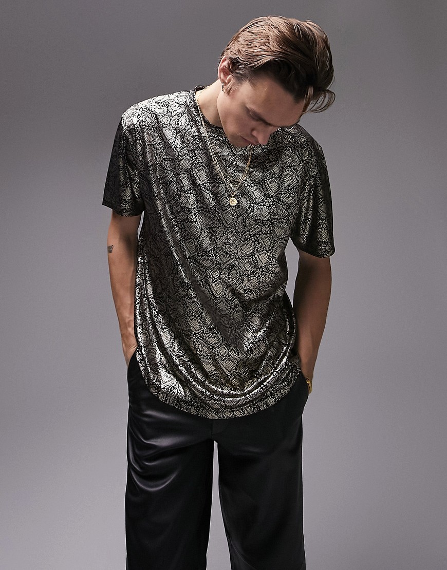 Topman oversized fit t-shirt with metallic snake print in gold
