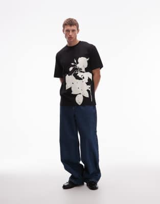 Topman Oversized Fit T-shirt With Mono Floral Print In Black