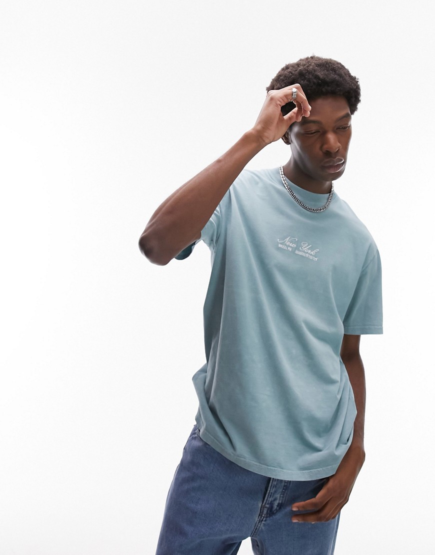 Topman oversized fit t-shirt with New York script embroidery in washed blue-Green