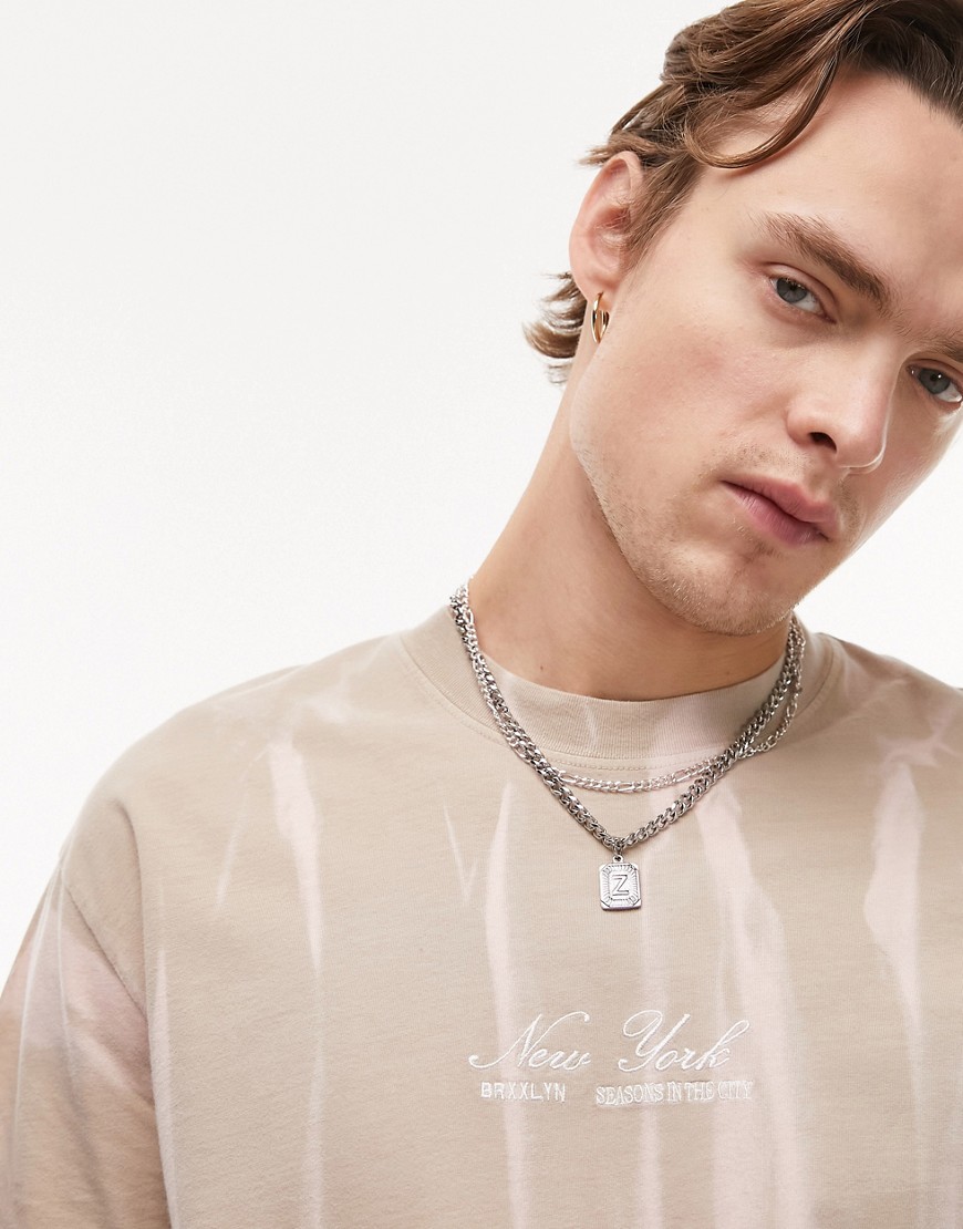 Topman oversized fit t-shirt with New York script embroidery in washed stone-Neutral