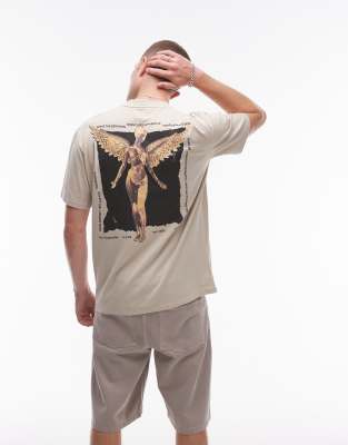 oversized fit t-shirt with Nirvana angel front and back print in washed stone-Neutral