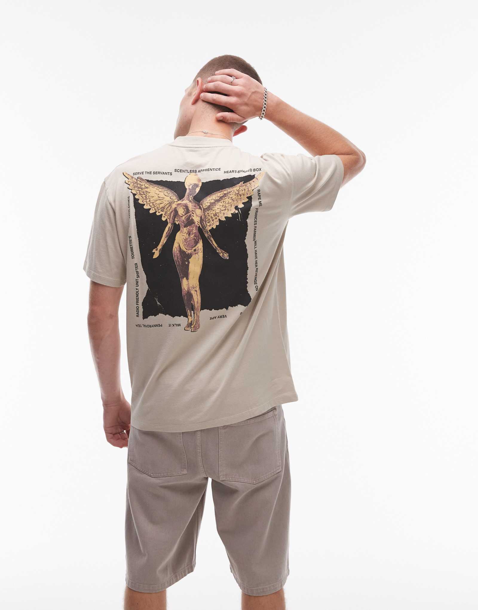 Футболка светло-серого цвета Topman oversize fit с принтом 