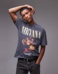 Topman oversized fit t-shirt with Nirvana unplugged print in washed black-Grey