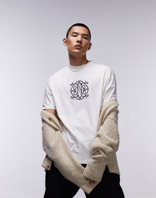 Topman oversized fit t-shirt with Nolita front and back embroidery in ecru