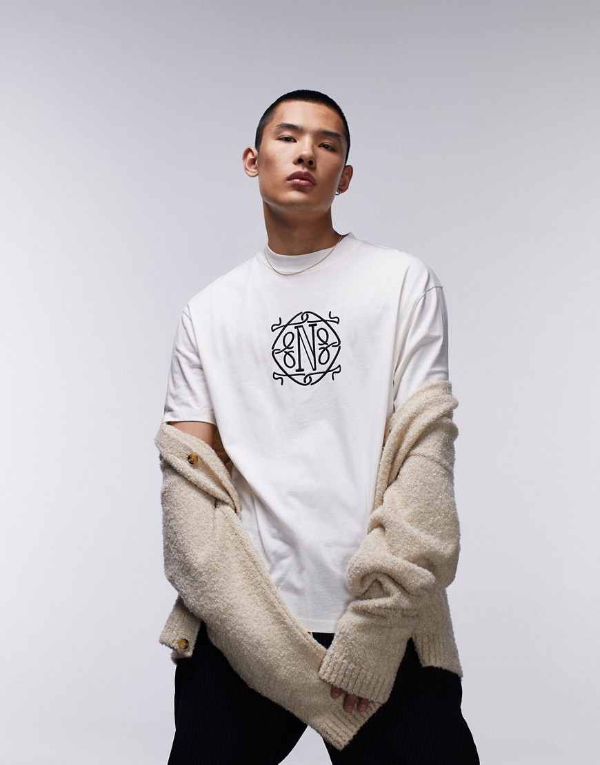Topman oversized fit t-shirt with Nolita front and back embroidery in ecru-White