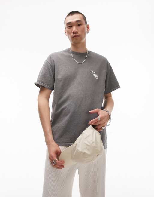 【U LAN】Paris Patch Washing Oversized Fit Short Sleeve T Topman oversized fit t-shirt with Paris embroidery in washed