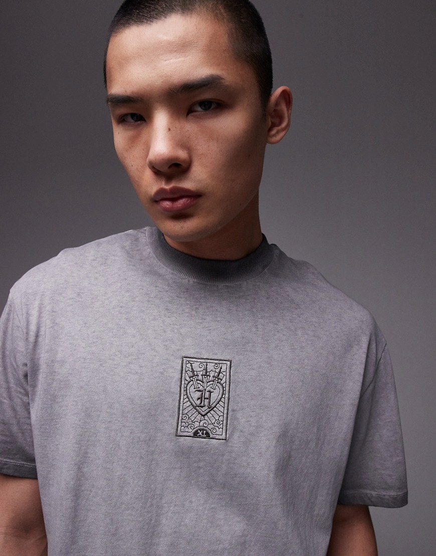 Topman oversized fit t-shirt with playing card embroidery in washed black