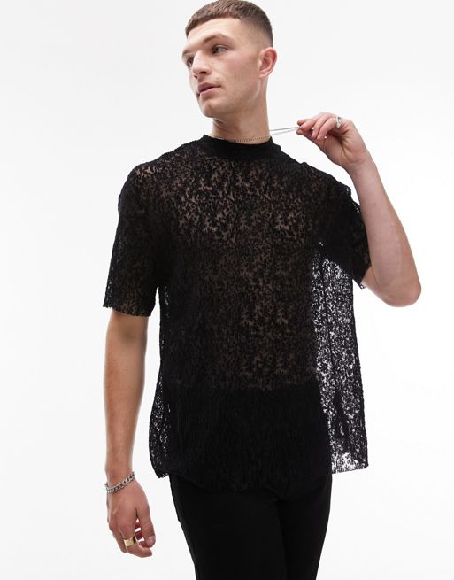 Topman oversized fit t-shirt with plisse mesh lace in black | ASOS