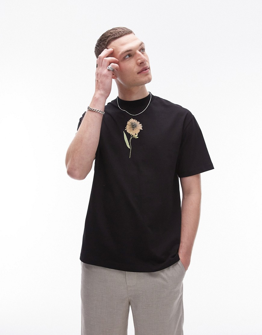 Topman oversized fit t-shirt with pressed floral chest print in black