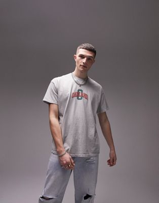 Topman oversized fit t-shirt with raised Oakland print in washed grey