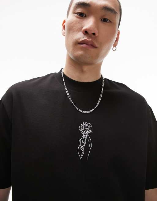 Topman oversized fit t-shirt with rose hand embroidery in black