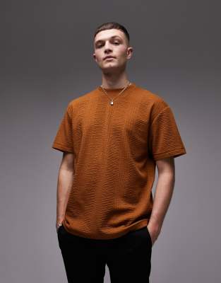 Topman oversized fit t-shirt with seersucker texture in brown | ASOS