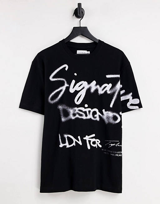 Men Topman oversized fit t-shirt with Signature paint print in black 