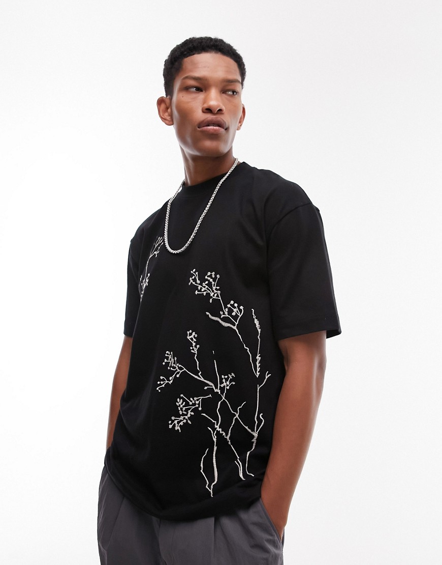 Topman oversized fit t-shirt with sketch branch embroidery in black