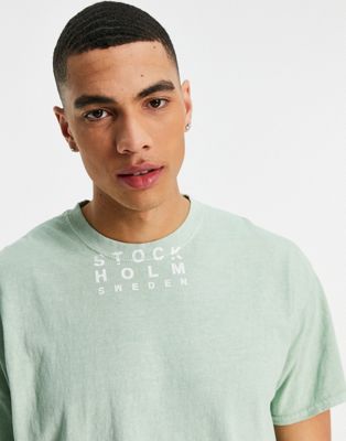 Topman oversized fit t-shirt with Stockholm neck print in green - ASOS Price Checker