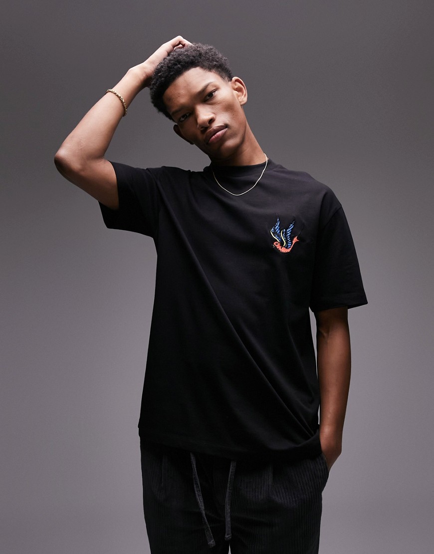 Topman oversized fit t-shirt with swallow embroidery in black